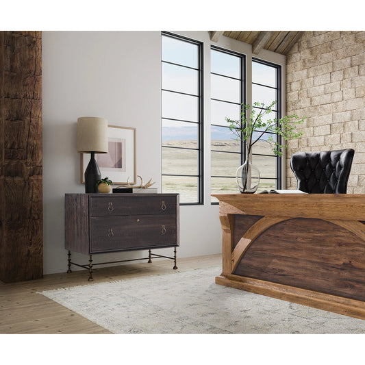 Big Sky Lateral File Cabinet by Hooker Furniture in charred timber. Made from pecky hickory veneers, metal, solid-wood edged top in a modern style.