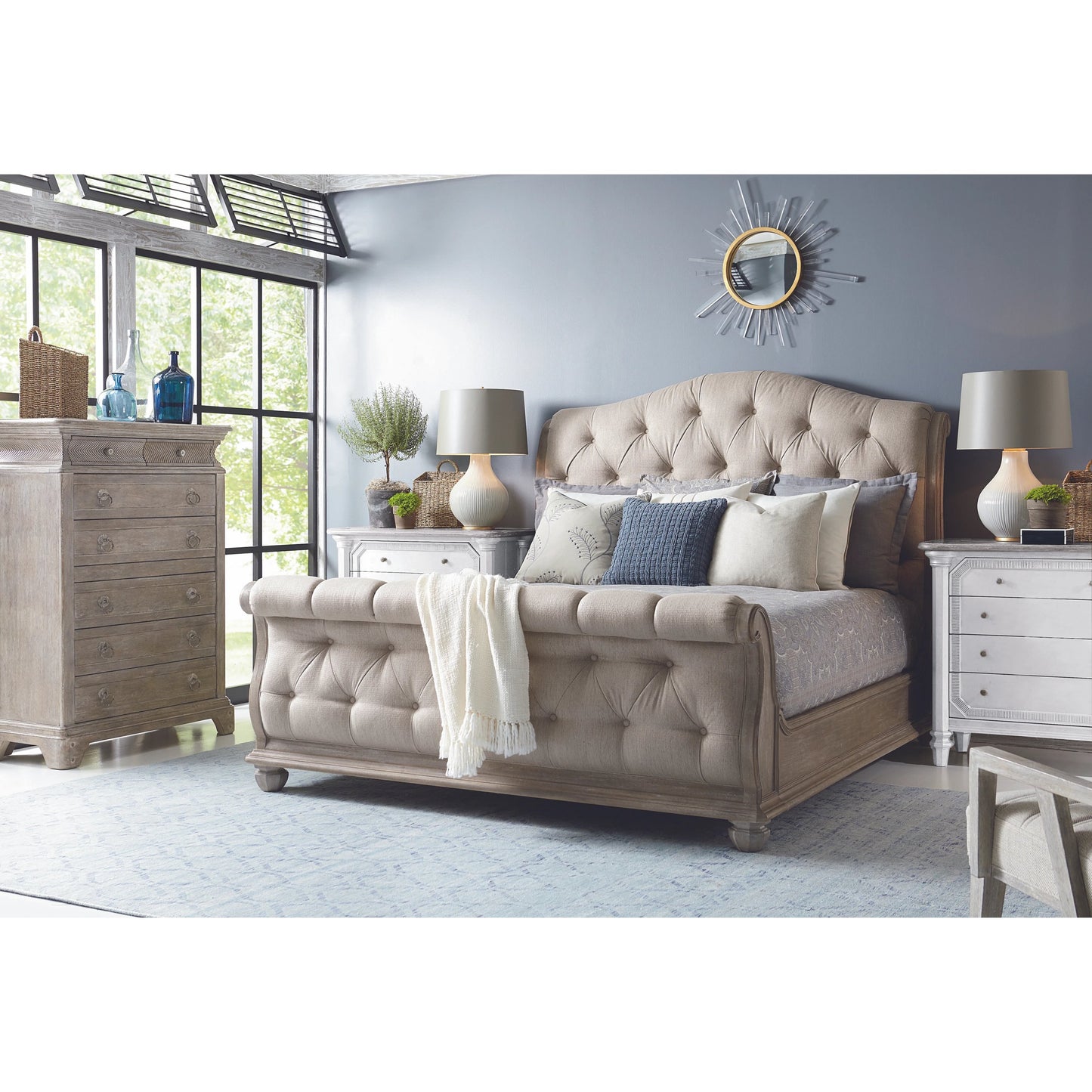 008 SR-882109 | Lifestyle | Summer Creek Shoals Tufted Sleigh Bed by A.R.T. Furniture in gray and scrubbed oak. Made from flakey cathedral oak veneer, parawood solids in a traditional style.
