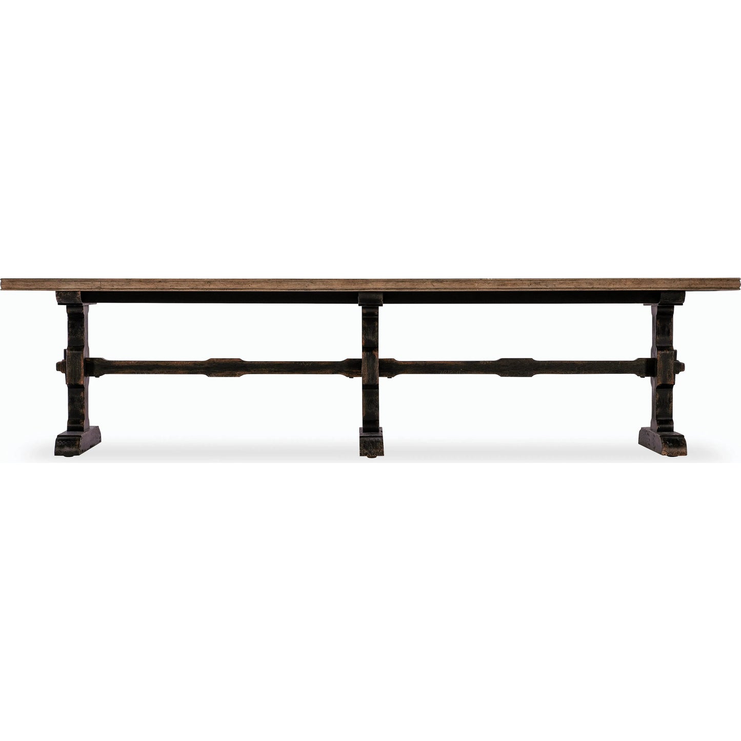 002 SI-2185772 | Additional Silo | Americana Trestle Rectangle Cocktail Table by Hooker Furniture in black and molasses finish. Made from oak veneers with solid-wood edge top in a modern style.