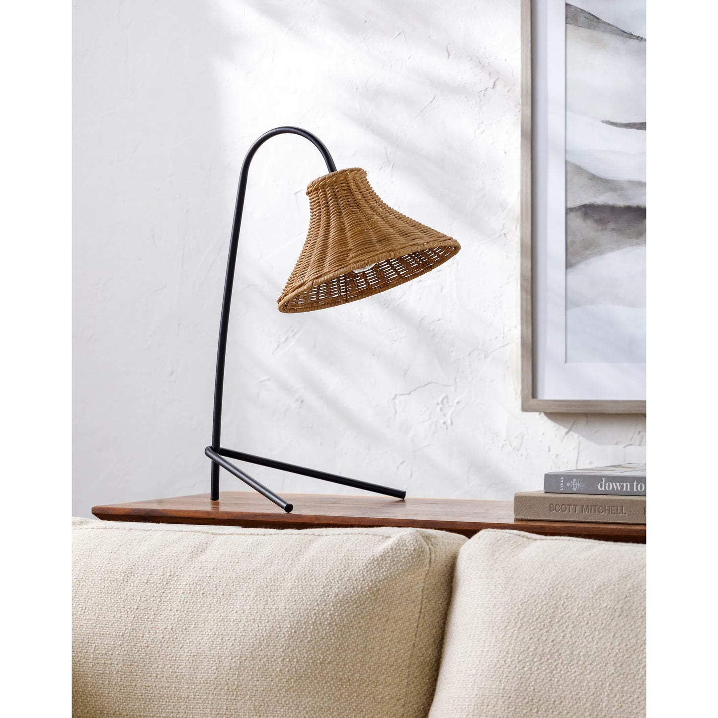 003 SI-2168578 | Lifestyle | Jarod Accent Lamp - 535549 by Livabliss in body: black, shade: tan, cord: translucent and matte. Made from iron, rattan in a cottage & farmhouse style.