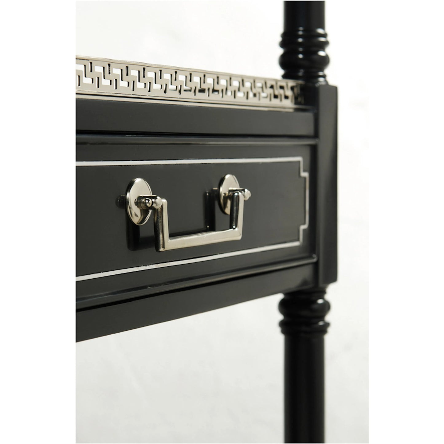 002 SI-2186362 | Closeup | Reimagined Flux Lacquer Etagere by Jonathan Charles in lacquered black. Made from acacia in a modern style.