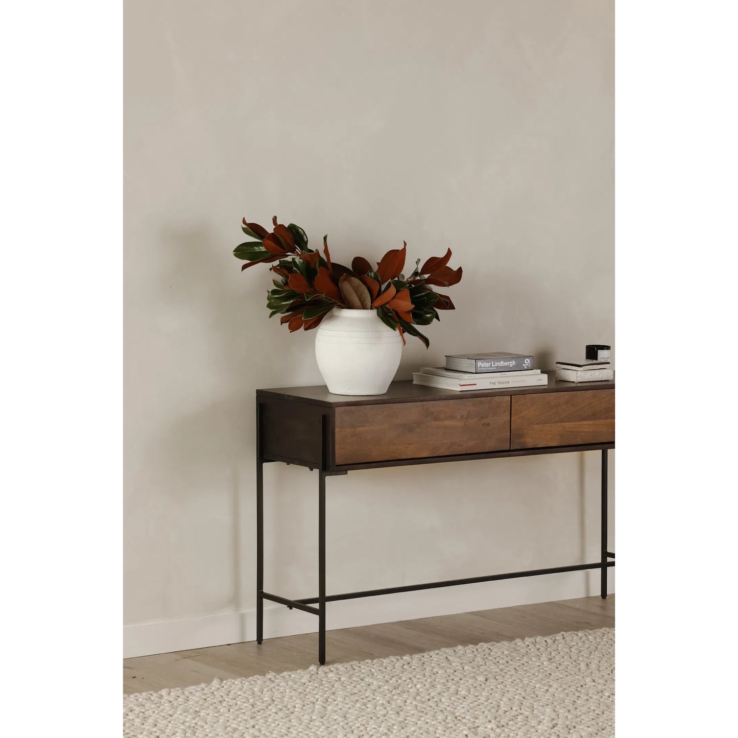 008 S-329654 | Lifestyle | Tobin Console Table by Moe's Home Collection in light brown. Made from solid mango wood, iron base, mdf (carb) in a modern style.