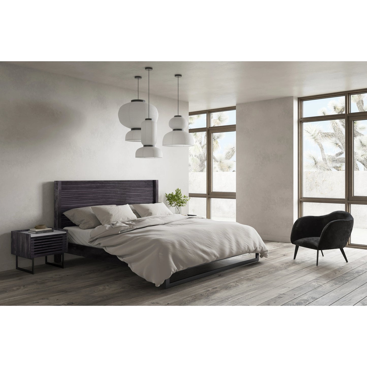 008 SI-2122020 | Lifestyle | Paloma Bed by Moe's Home Collection in charcoal grey. Made from solid mango, steel legs, wood slats in a modern style.