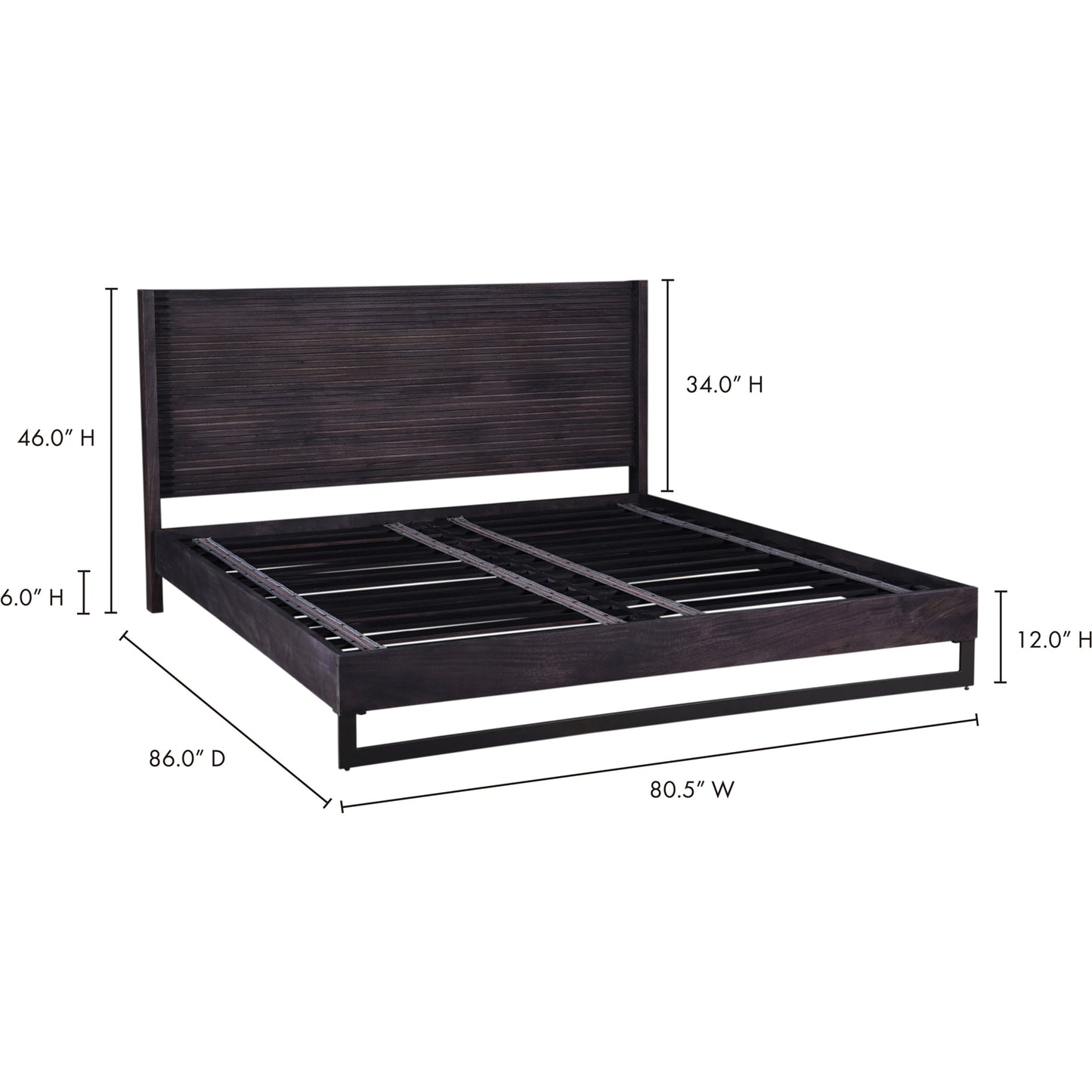 009 SI-2122020 | Lifestyle | Paloma Bed by Moe's Home Collection in charcoal grey. Made from solid mango, steel legs, wood slats in a modern style.