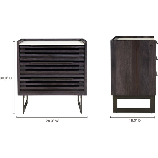Paloma 3 Drawer Chest by Moe's Home Collection in charcoal grey. Made from solid mango wood, white banswara marble top, steel legs in a modern style.
