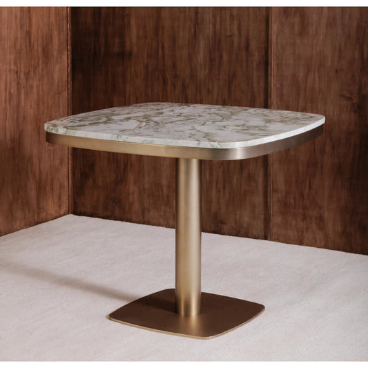 Celeste Cafe Table by Moe's Home Collection in natural, antique brass. Made from marble top, antiqued, brass iron base, mdf underneath marble for top support in a modern style.
