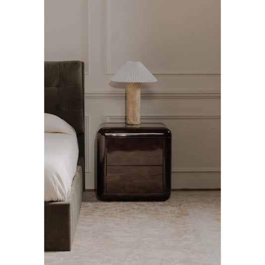 Rory Nightstand by Moe's Home Collection in dark brown. Made from acacia wood, acacia veneer pasted over mdf in a traditional style.