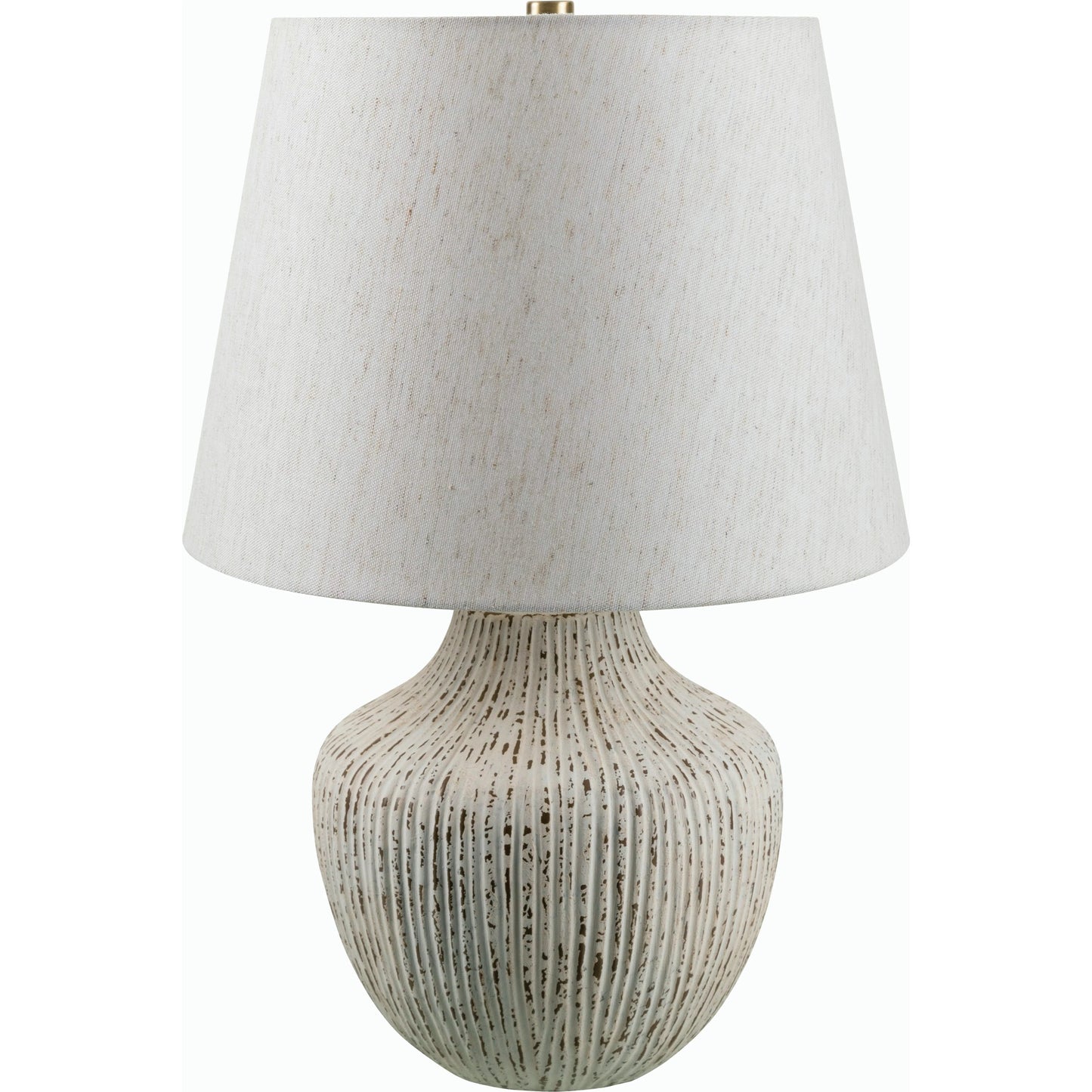 001 SI-2168138 | Primary Silo | Judarn Table Lamp - 531753 by Livabliss in body: white, shade: beige, finial: metallic - brass, harp: metallic - brass, cord: translucent and chromeplated. Made from ceramic, linen, polyester, iron in a modern style.