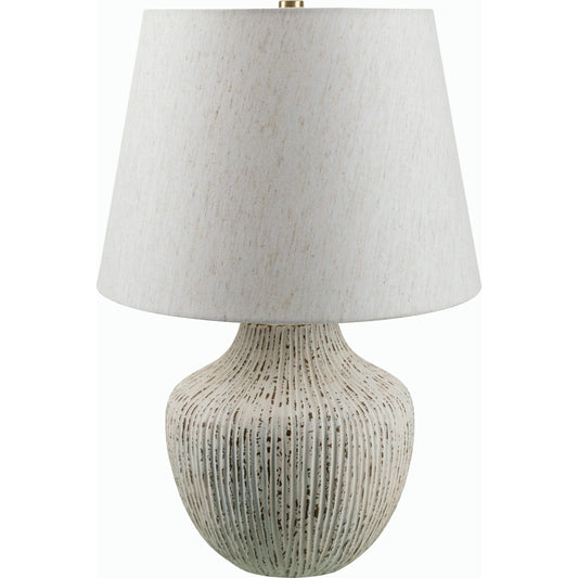 Judarn Table Lamp - 531753 by Livabliss in body: white, shade: beige, finial: metallic - brass, harp: metallic - brass, cord: translucent and chromeplated. Made from ceramic, linen, polyester, iron in a modern style.