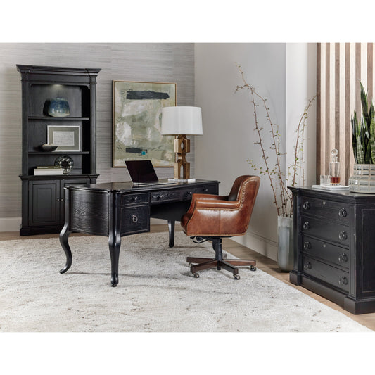 Bristowe Writing Desk by Hooker Furniture in tuxedo black. Made from pecan veneers in a traditional style.