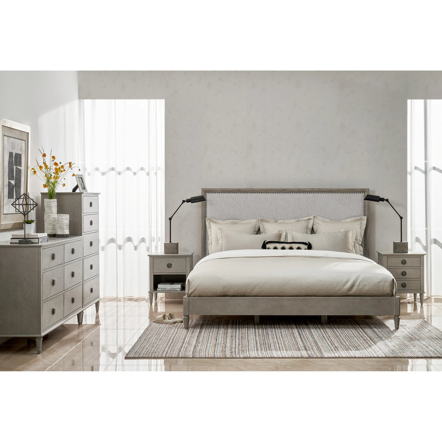 008 SI-2130655,SI-2130656 | Lifestyle | Zest Upholstered Bed with Nailhead Trim by Zest in greige. Made from rubberwood, oak veneer, fabric in a modern style.