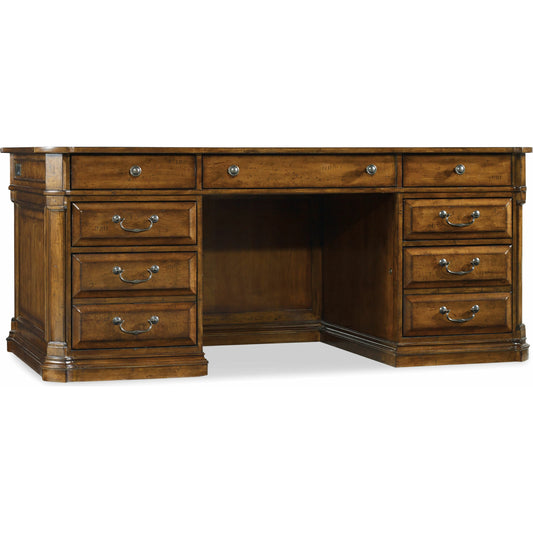 001 SI-1749943 | Primary Silo | Tynecastle Executive Desk by Hooker Furniture in chestnut. Made from alder veneers, high quality bonded leather in a traditional style.
