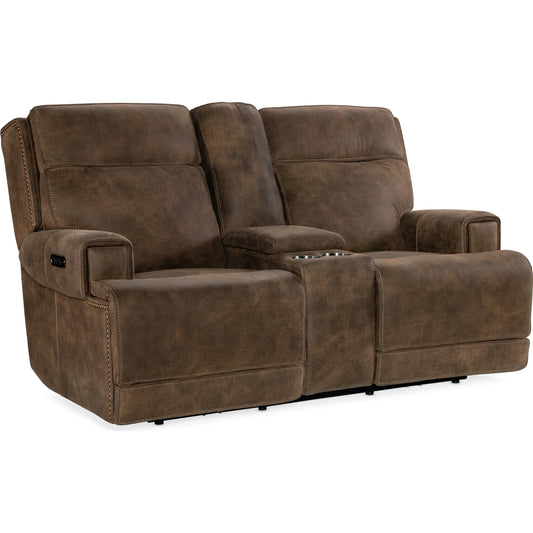 001 SI-2029073 | Primary Silo | Wheeler Power Console Loveseat by Hooker Furniture in seville timber. Made from leather, seville timber (aniline). seville timber features natural hallmarks of the trail such as fat wrinkles healed scars, scratches, mite mar