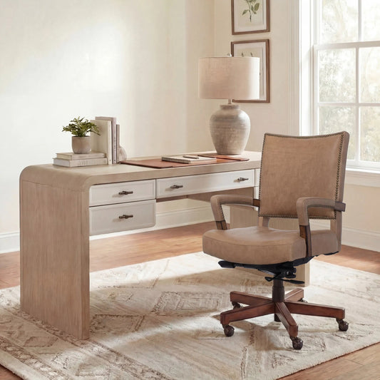 Chace Executive Swivel Tilt Chair by Hooker Furniture in vernerando latte and dark wood, brown. Made from leather, venerando latte (aniline top grain) in a modern style.