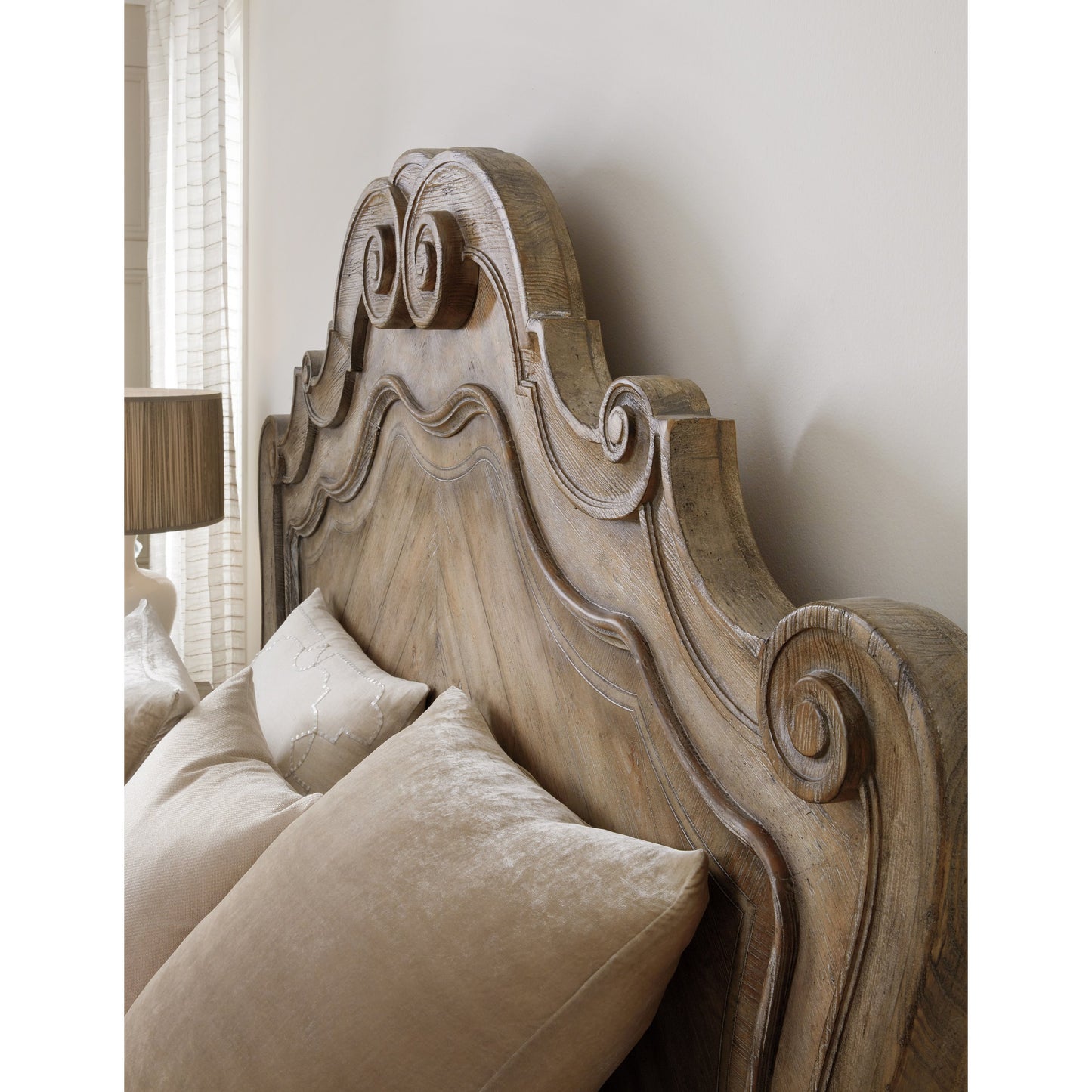 003 SI-1748580 | Closeup | Castella Bed by Hooker Furniture in antique slate. Made from pecan, quartered walnut, quartered black walnut, maple, ash veneers in a traditional style.