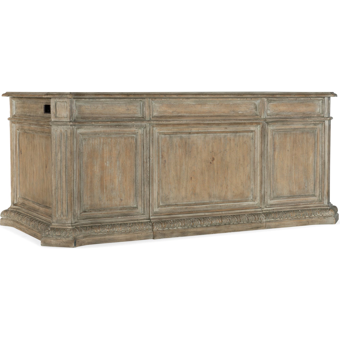 002 SI-1748574 | Additional Silo | Castella Executive Desk by Hooker Furniture in antique slate. Made from pecan, quartered hickory, quartered black walnut, quartered ash, maple veneers with leather in a traditional style.