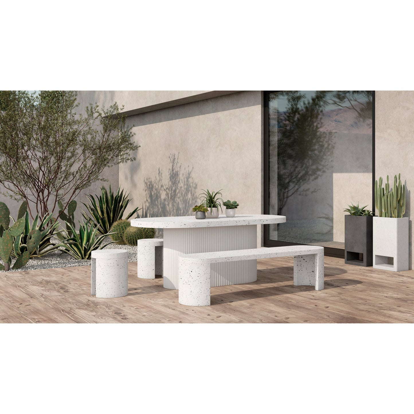 004 SI-2121982 | Lifestyle | Lyon Outdoor Dining Table by Moe's Home Collection in light grey. Made from concrete, terrazzo, foam core with metal bar reinforcement in a modern style.