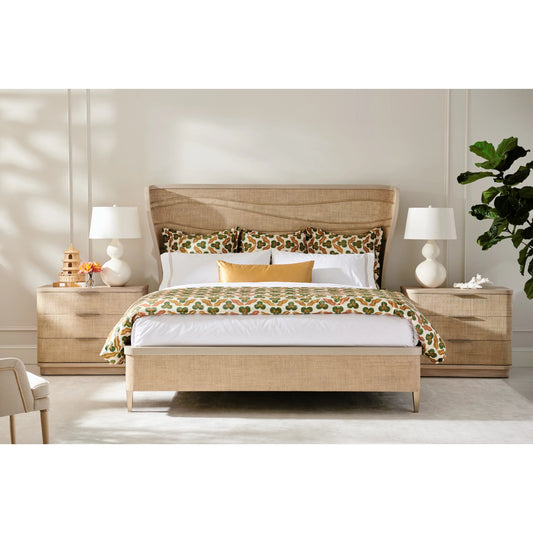 Water Seiche Woven Night Stand by Jonathan Charles in bleached oak. Made from oak, grass cloth, brass in a transitional style.