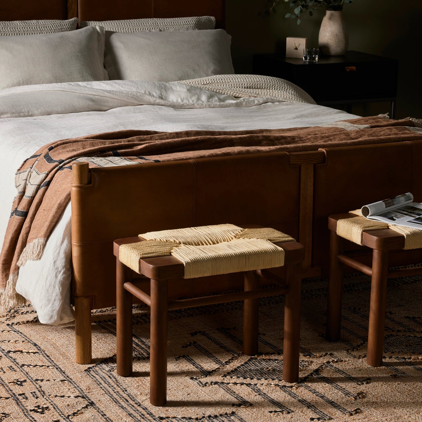 022 SR-369220 | Lifestyle | Shona Stool by Four Hands in russet mahogany, vintage cotton. Made from solid mahogany, cotton rope in a rustic style.