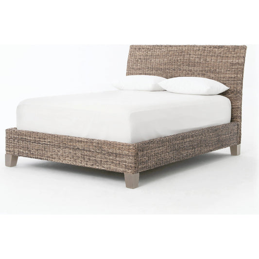 Lanai Banana Leaf Bed by Four Hands in gray wash. Made from solid mango, banana leaf in a coastal style.