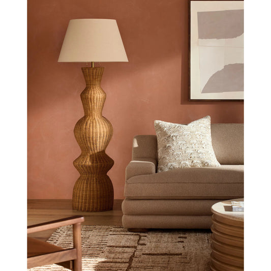 Jember Accent Floor Lamp by Surya in cream, translucent, white, brown. Made from rattan, iron, linen, polyester in a rustic style.