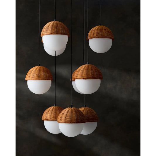 Janze Chandelier by Surya in white, black, gold. Made from iron, glass, rattan in a unique style.