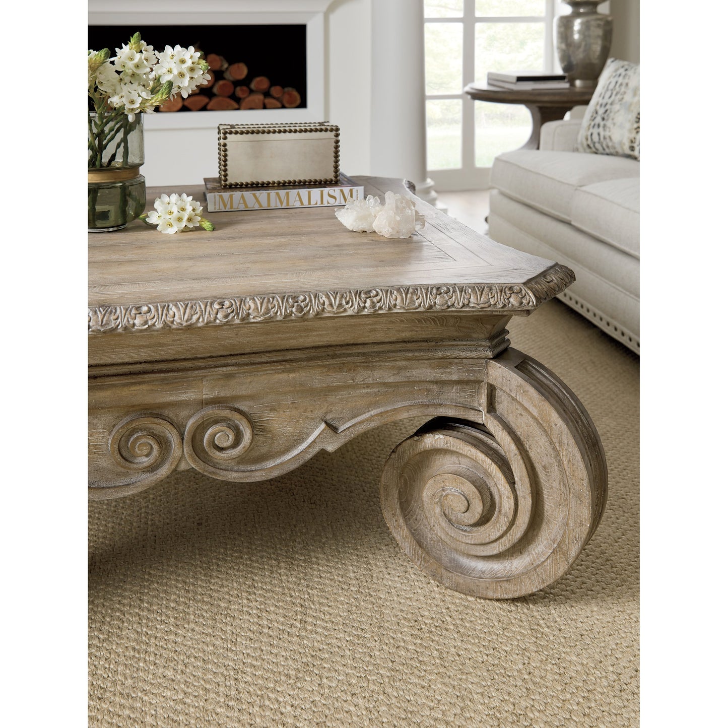 003 SI-1748585 | Lifestyle | Castella Square Cocktail Table by Hooker Furniture in antique slate. Made from pecan, quartered walnut, quartered black walnut, ash, maple veneers in a traditional style.