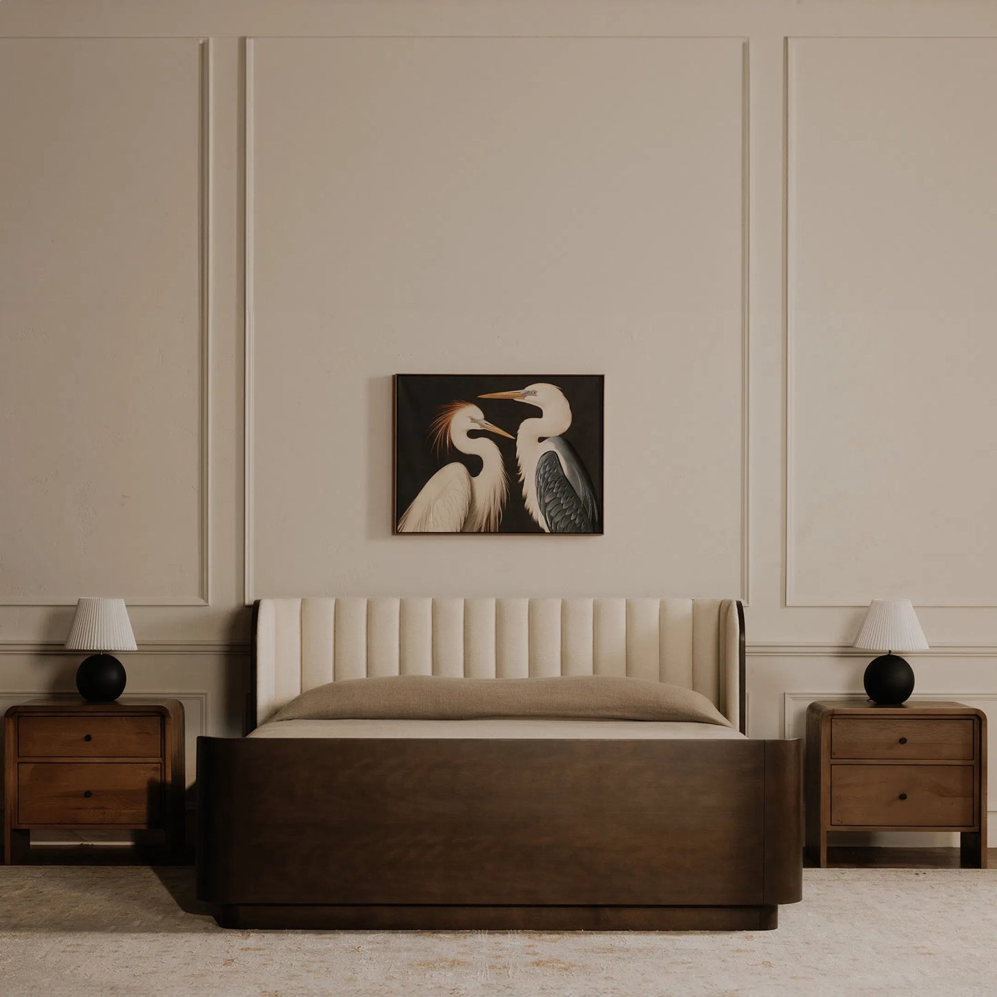 004 SI-2368395 | Lifestyle | Two Cranes Framed Painting by Moe's Home Collection in multicolor. Made from acrylic paint on canvas, polyester canvas, solid wood frame, fir wooden stretcher in a coastal style.