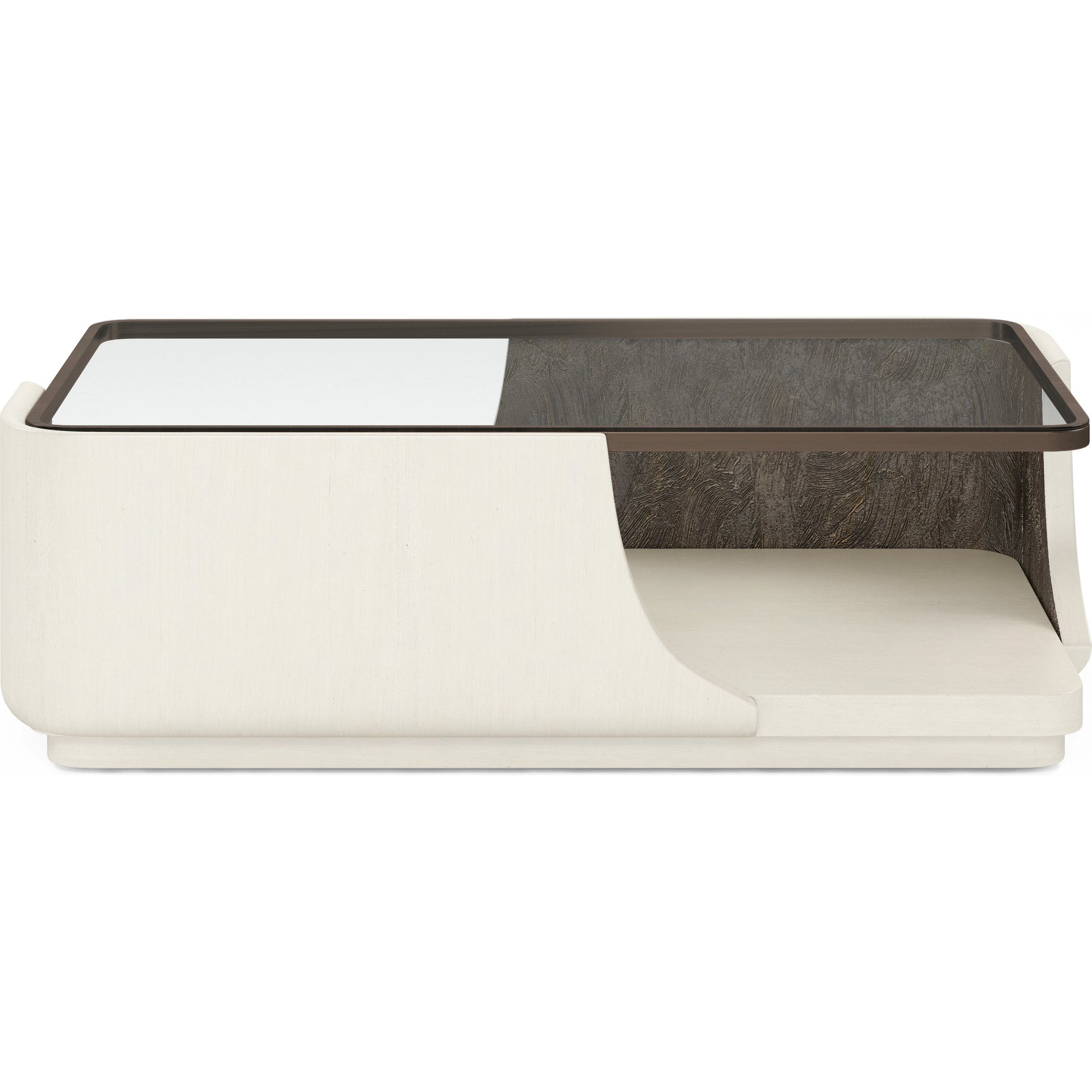 Blanc Cocktail Table by A.R.T. Furniture in alabaster, burnished bronze. Made from parawood solids, resin, metal, glass in a modern style.