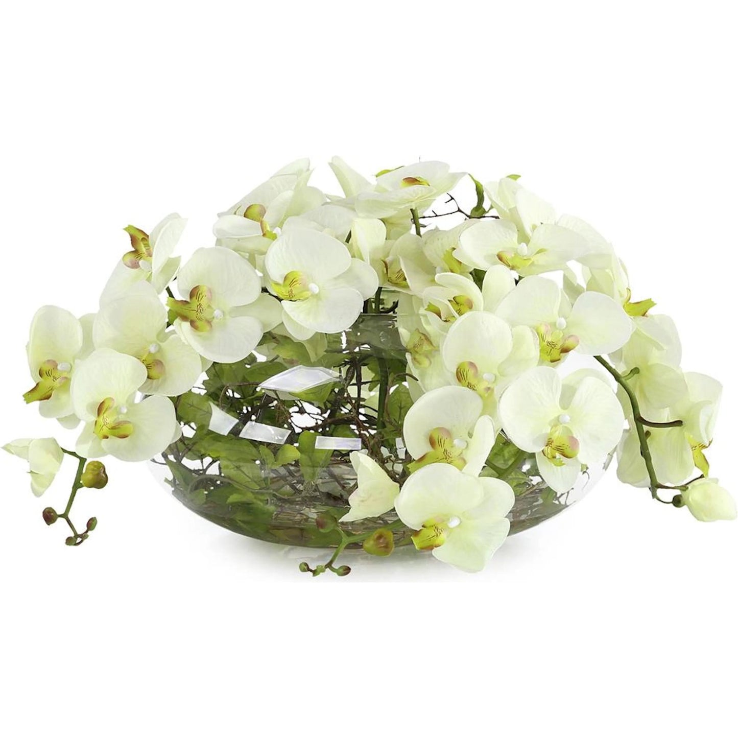 001 SI-2373204 | Primary Silo | Enchanted Orchids by John-Richard in white, green, clear. Made from green phalaenopsis orchids, glass, green leaf vines, faux water in a transitional style.
