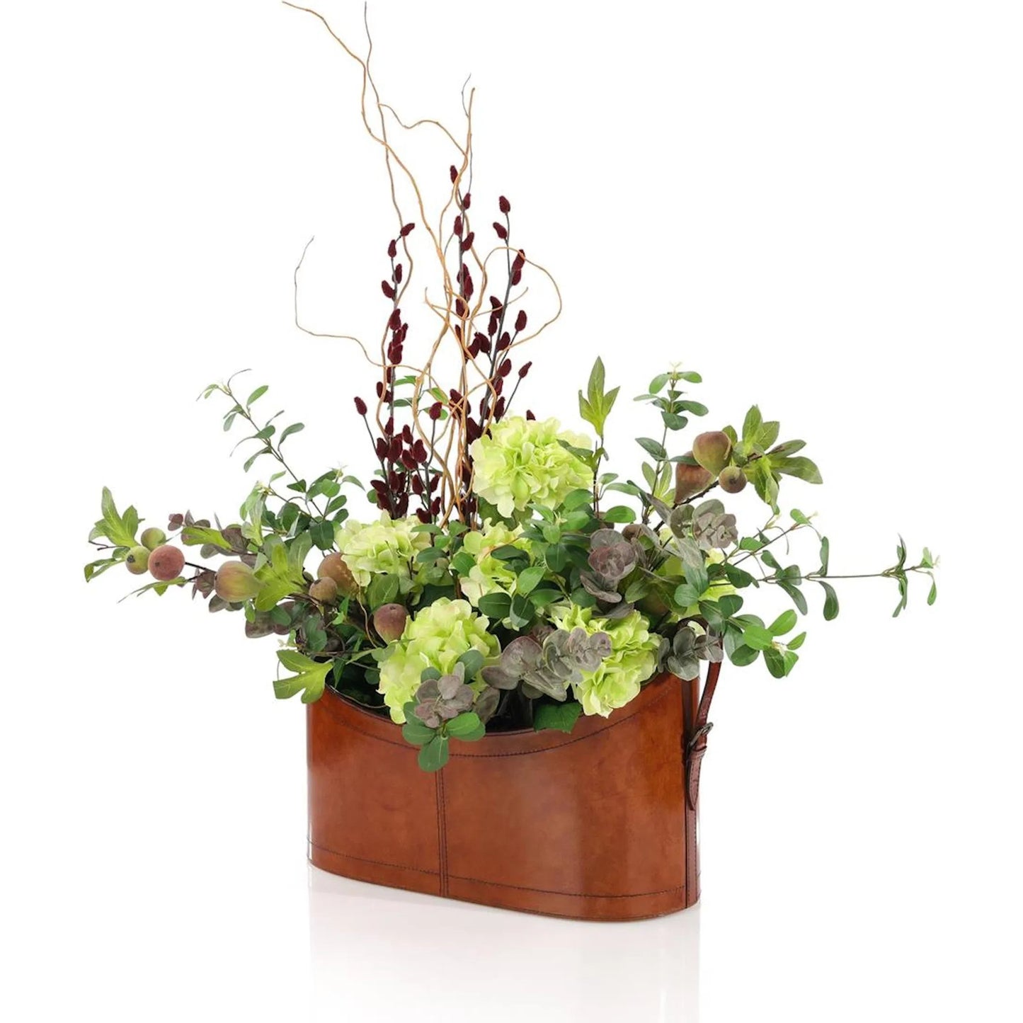 002 SI-2373114 | Additional Silo | Classic Leather by John-Richard in green, brown. Made from flocked fig stems, silver dollar eucalyptus, pussy willows, curly willows, hydrangea bush, leather in a transitional style.