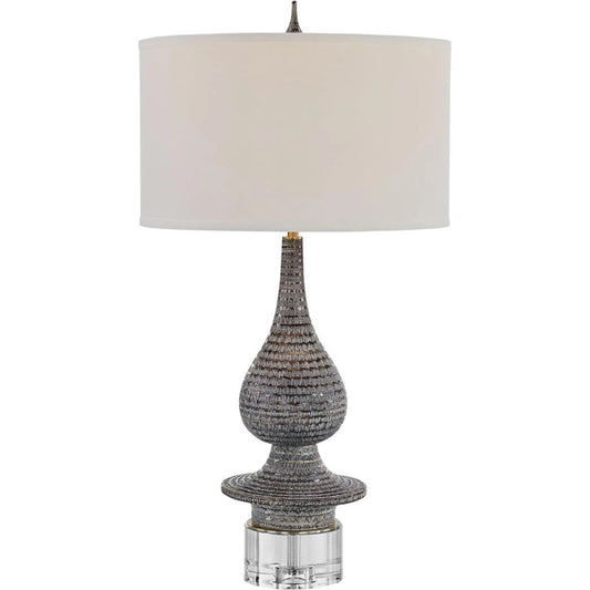 Balustre Table Lamp by John-Richard in gray, white, clear and polished brass. Made from ceramic, acrylic, linen in a modern style.