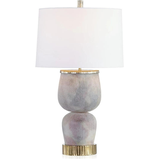 Debonaire Table Lamp by John-Richard in gray, champagne, white, brass and champagne. Made from art glass, aluminum, brass, fabric in a modern style.