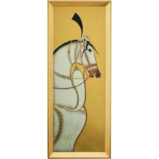001 SI-2372915 | Primary Silo | Antiquated Horse Panel II by John-Richard in gold, white, black. Made from glass in a traditional style.