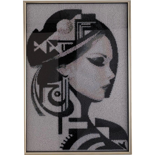 Empress by John-Richard in black, white, gray, silver. Made from push pins, canvas, silver wood, glass in a modern style.