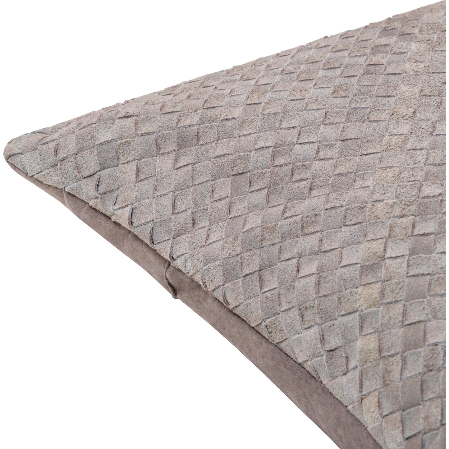 004 SI-1920608,SI-1920609,SI-1920610,SI-1920611,SI-1920612,SI-1920613 | Closeup | Joshua Pillow - 23354 by Surya in metallic - silver, ash, off-white. Made from front: 100% leather, back: 100% polyester in a modern style.