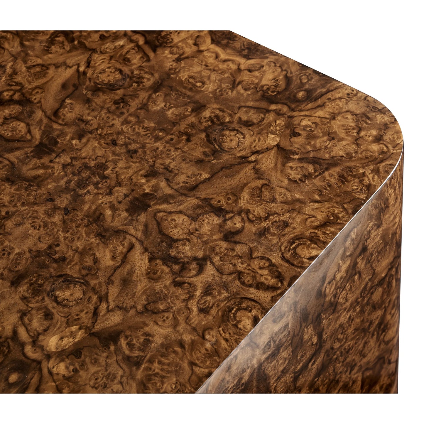 005 SI-2334499 | Closeup | Jacques Radius End Table by Jonathan Charles in brown and walnut burl. Made from book match walnut burl veneer in a unique style.
