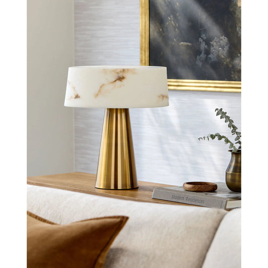 Jesmond Accent Table Lamp by Surya in metallic brass, white, translucent. Made from iron, stone in a modern style.