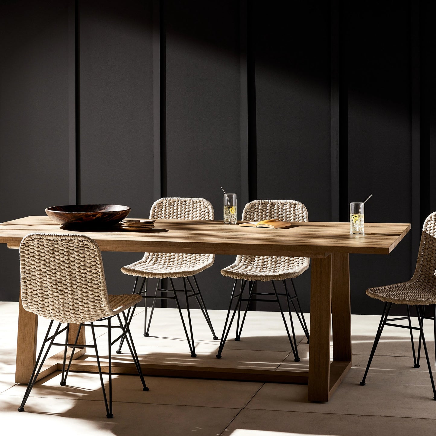 020 SR-711592 | Lifestyle | Atherton Outdoor Dining Table by Four Hands in washed brown and washed brown-fsc. Made from solid fsc®-certified teak in a modern style.