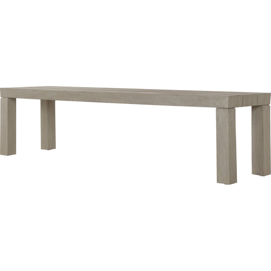Sonora Outdoor Dining Bench by Four Hands in weathered grey. Made from solid teak in a modern style.