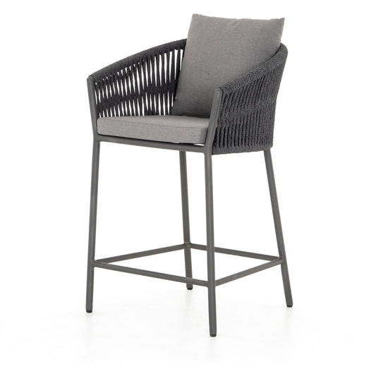 Porto Outdoor Counter Stool by Four Hands in charcoal. Made from 100% olefin, aluminum, 100% polypropylene in a modern style.