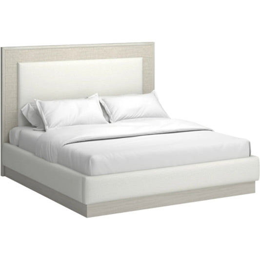 Cotiere Upholstered Panel Bed by A.R.T. Furniture in beige, off-white and linen. Made from parawood solids, mixed split cathedral, quarter white oak veneers, fabric in a transitional style.