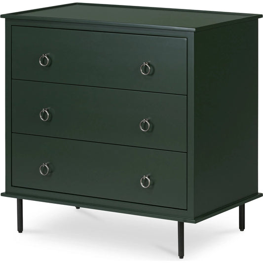 012 SI-2368255 | Primary Silo | Reagan 3 Drawer Nightstand by Moe's Home Collection in green and green. Made from mdf, acacia top, mdf sides, drawer, iron leg, handle in a traditional style.