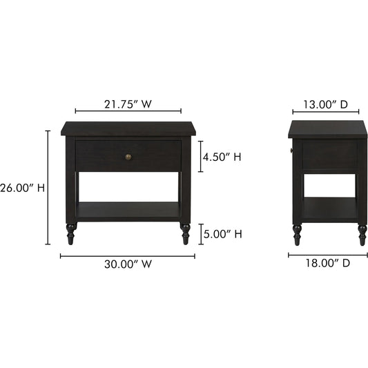 Katherine Nightstand by Moe's Home Collection in black. Made from mdf with acacia veneer on top, sides, shelf panel, drawer front, acacia drawer sides, brass handle in a traditional style.