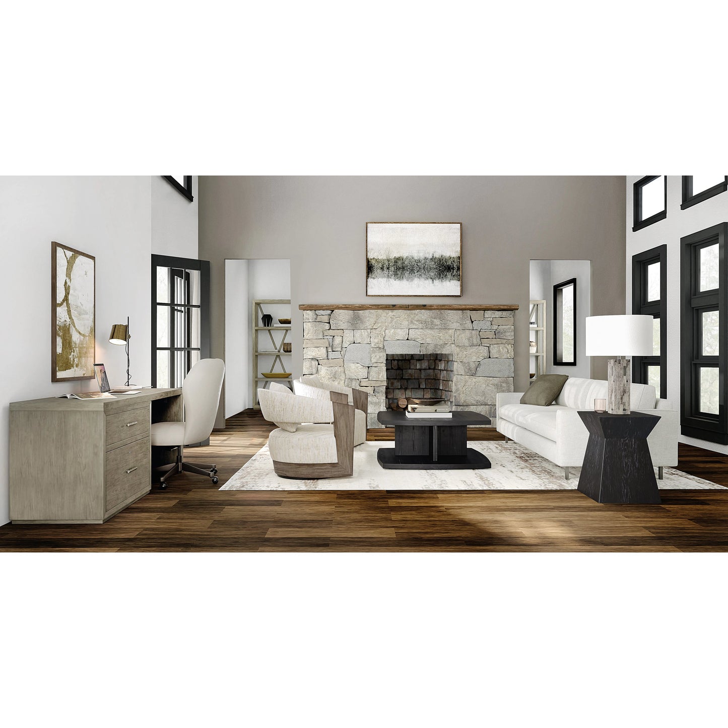 005 SI-1900765 | Lifestyle | Linville Falls Desk - 84" Top-Lateral File and Leg by Hooker Furniture in mink. Made from oak veneers in a modern style.