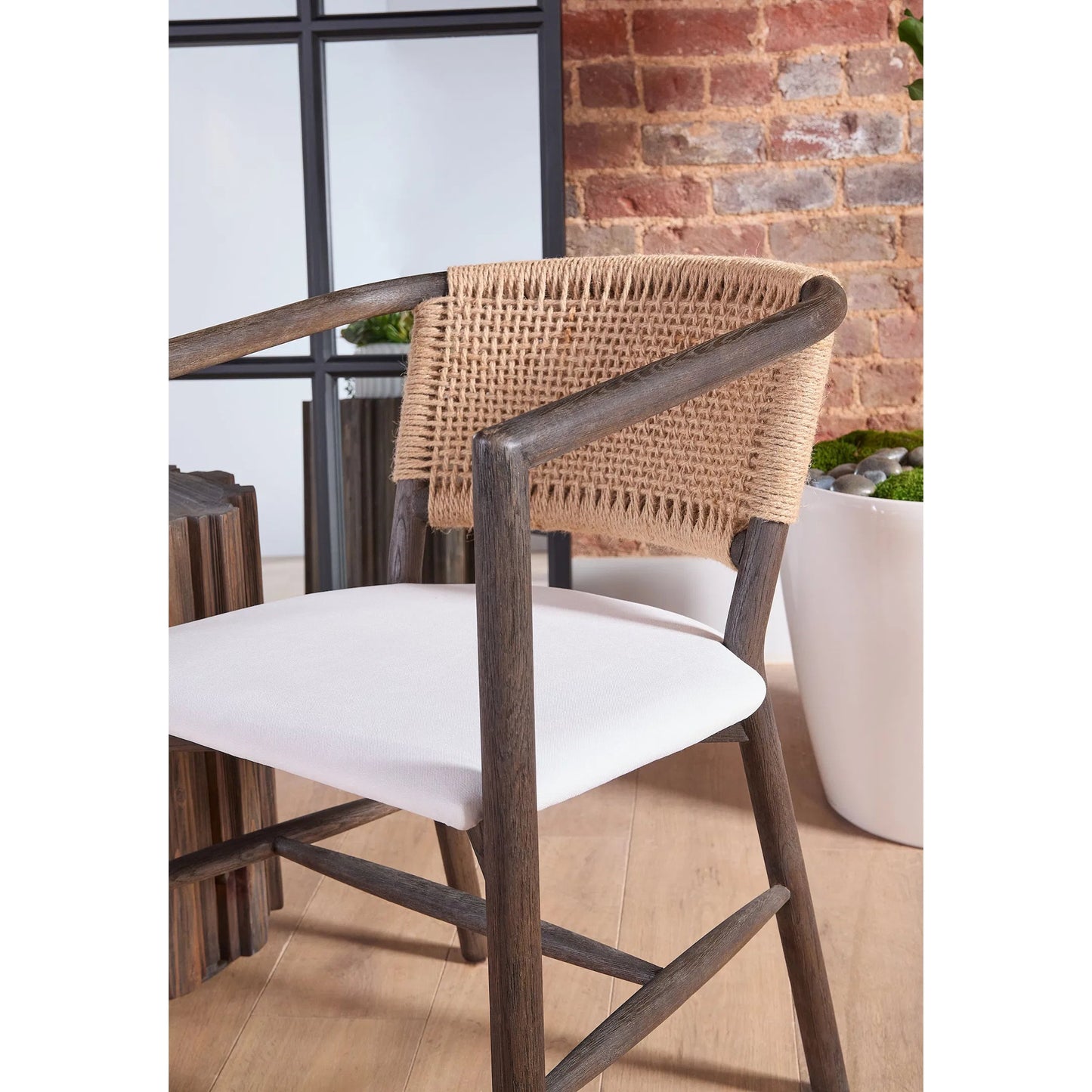 009 SI-2138250 | Closeup | Juxtaposition Accent Chair by Essentials For Living in livesmart peyton-pearl and matte brown oak, jute twine. Made from solid oak wood, plywood, 98% polyester/2% nylon fabric, foam, jute twine in a coastal style.