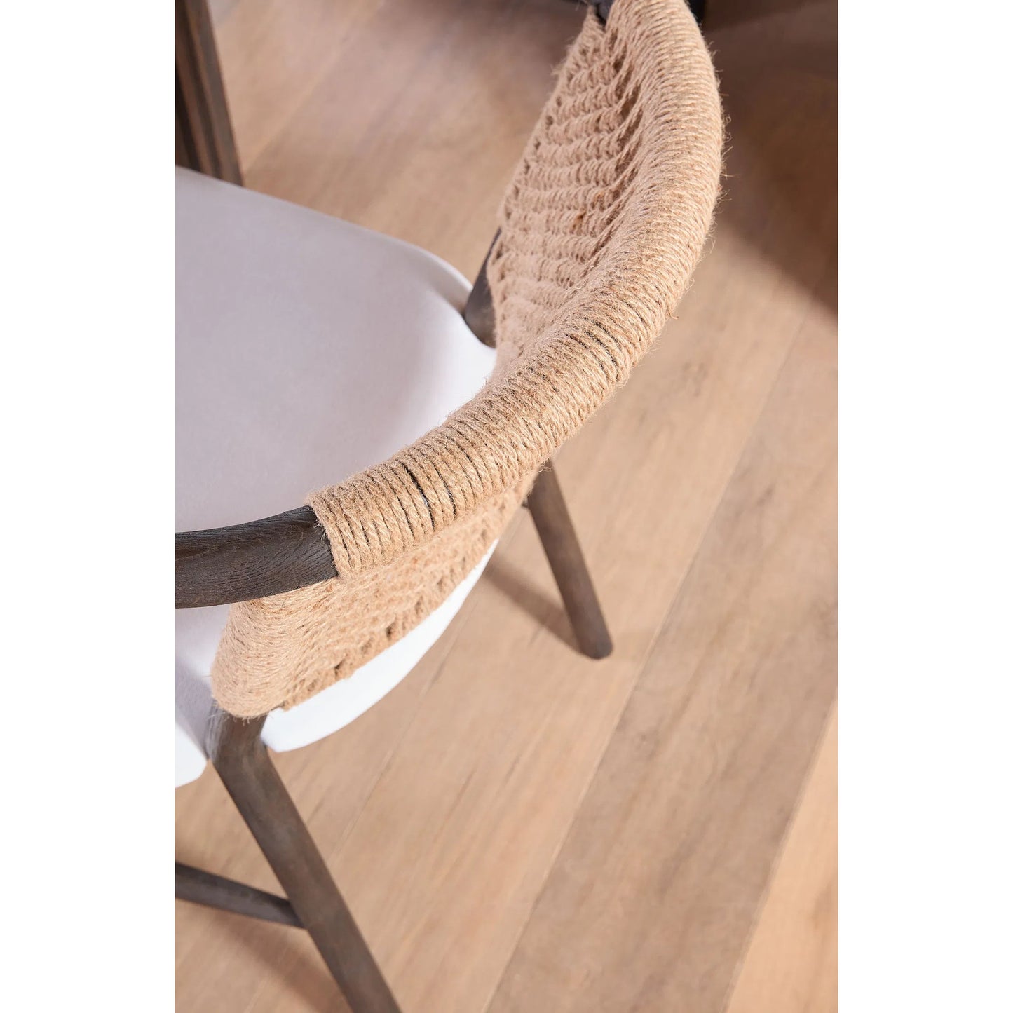 010 SI-2138250 | Closeup | Juxtaposition Accent Chair by Essentials For Living in livesmart peyton-pearl and matte brown oak, jute twine. Made from solid oak wood, plywood, 98% polyester/2% nylon fabric, foam, jute twine in a coastal style.