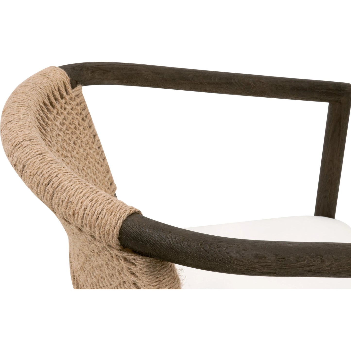 006 SI-2138250 | Closeup | Juxtaposition Accent Chair by Essentials For Living in livesmart peyton-pearl and matte brown oak, jute twine. Made from solid oak wood, plywood, 98% polyester/2% nylon fabric, foam, jute twine in a coastal style.
