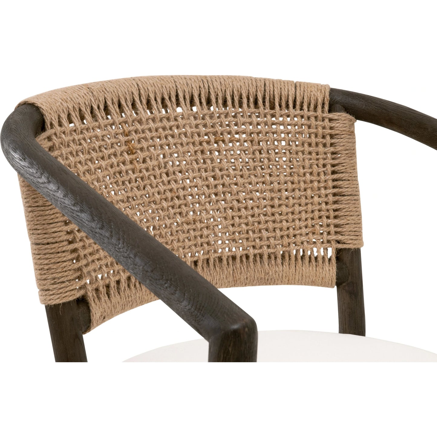 008 SI-2138250 | Closeup | Juxtaposition Accent Chair by Essentials For Living in livesmart peyton-pearl and matte brown oak, jute twine. Made from solid oak wood, plywood, 98% polyester/2% nylon fabric, foam, jute twine in a coastal style.