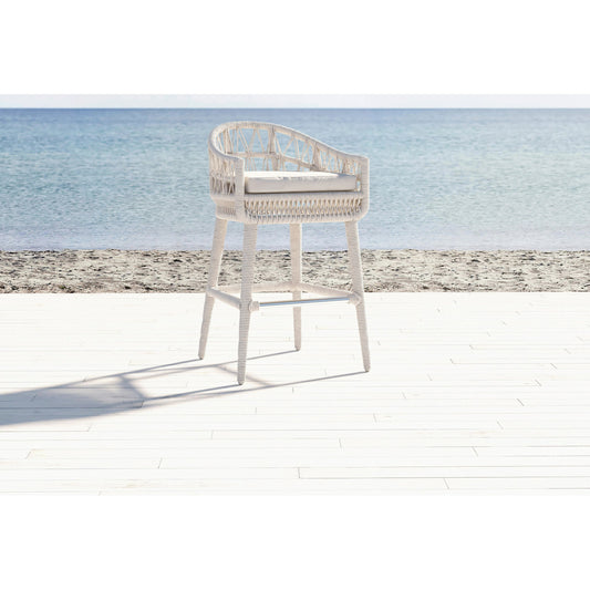 Dana Outdoor Rope Bar Stool in Linen by Sunset West in natural. Made from olefin rope in a coastal style.